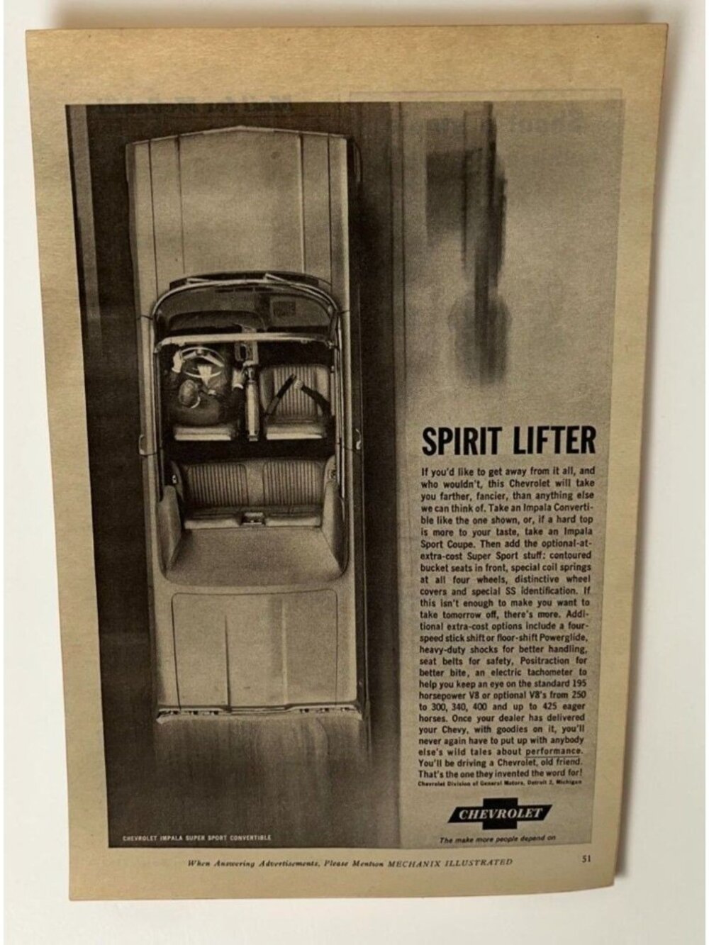 Chevrolet Impala Vintage Print Ad 1960s Super Sport Convertible Car Chevy GM